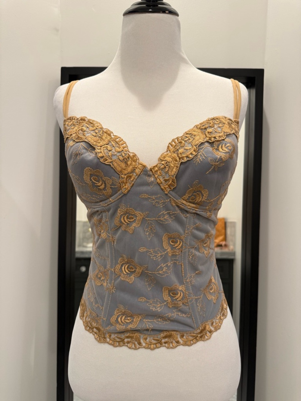 Vintage Victoria's Secret Gray Bustier Camisole with Gold Floral Lace